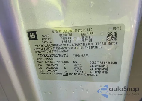 2012 Chevrolet Traverse 1Lt z USA, uszkodzony, nr VIN 1GNKRGED6CJ358213